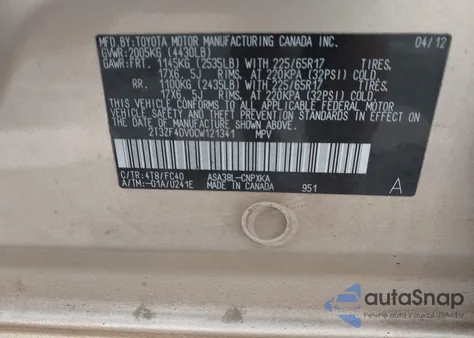 2012 Toyota Rav4 из США, поврежденный, VIN 2T3ZF4DV0CW121341